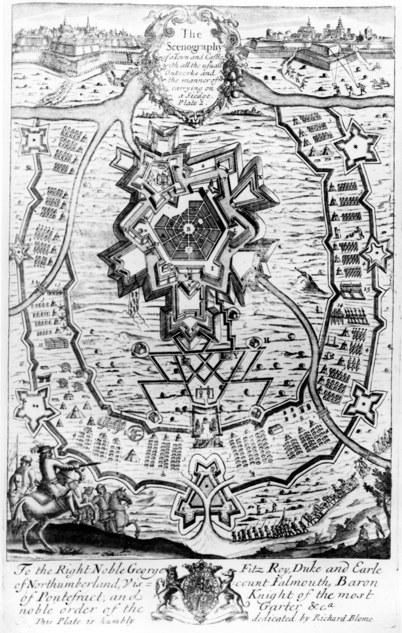 A cenografia de uma cidade e castelo com todos os outpoints usuais e a maneira de realizar um cerco, de &39;The Gentleman&39;s Recreation&39; publicado por Richard Blome, 1686 (gravura) de English School
