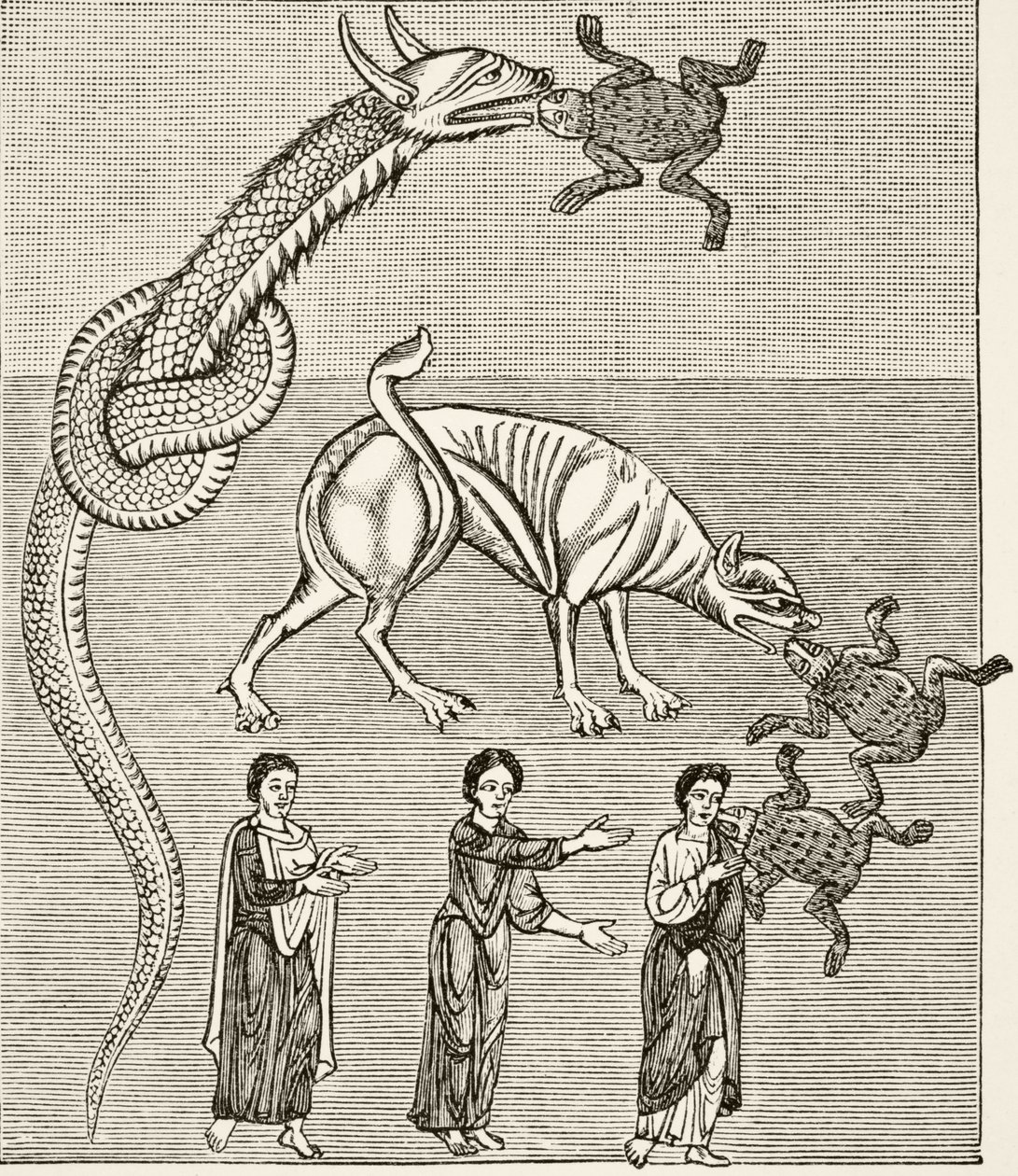 A serpente, ou o dragão, e o gigante, ou o diabo, depois de uma miniatura em um manuscrito do século XII do "Commentary on the Apocolypse", de "Science and Literature in the Middle Ages", de Pa de English School