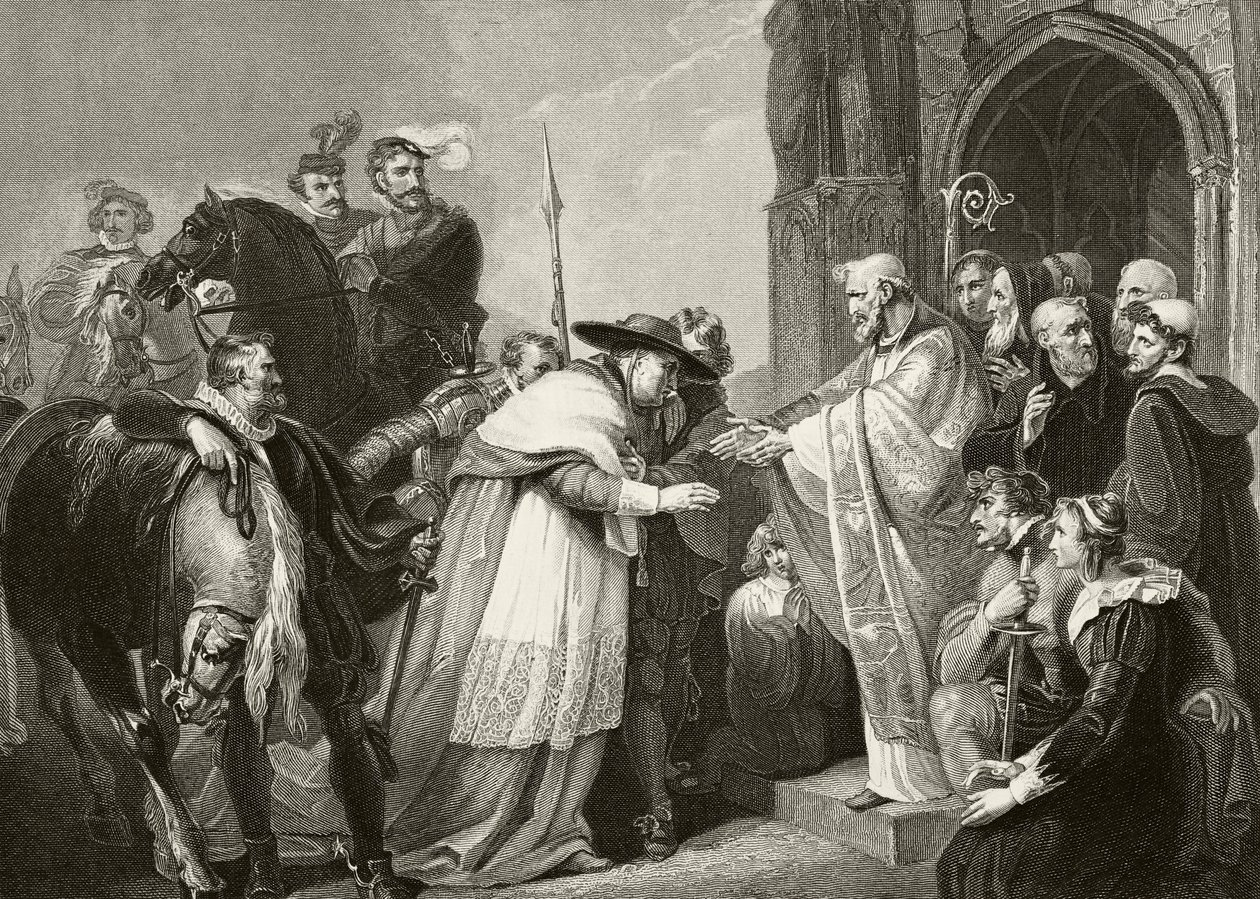 Thomas, Cardeal Wolsey no Leicester Abbey depois de adoecer a caminho de Londres em 1530, de "A História Nacional e Doméstica da Inglaterra" por William Hickman Smith Aubrey (1858-1916) publicou Lon de English School