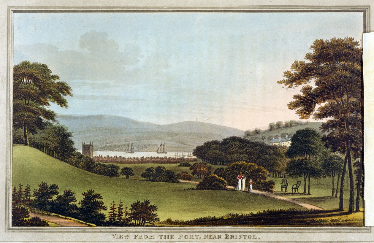 Vista do Forte, perto de Bristol, de &39;Observações sobre a teoria e prática da jardinagem paisagística por Humphrey Repton (1752-1818) (tinta colorida sem sobreposição) (ver também 245523) de English School