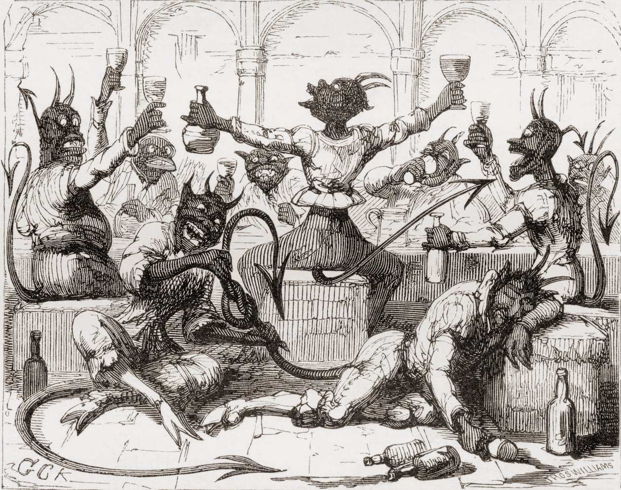 "Enquanto Belzebu amarra enormes nós em sua história", ilustração depois de George Cruikshank para o poema "The Lay of St. Cuthbert", de "The Ingoldsby Legends ou Mirth and Marvels", de Thomas Ingoldsby, p de English School