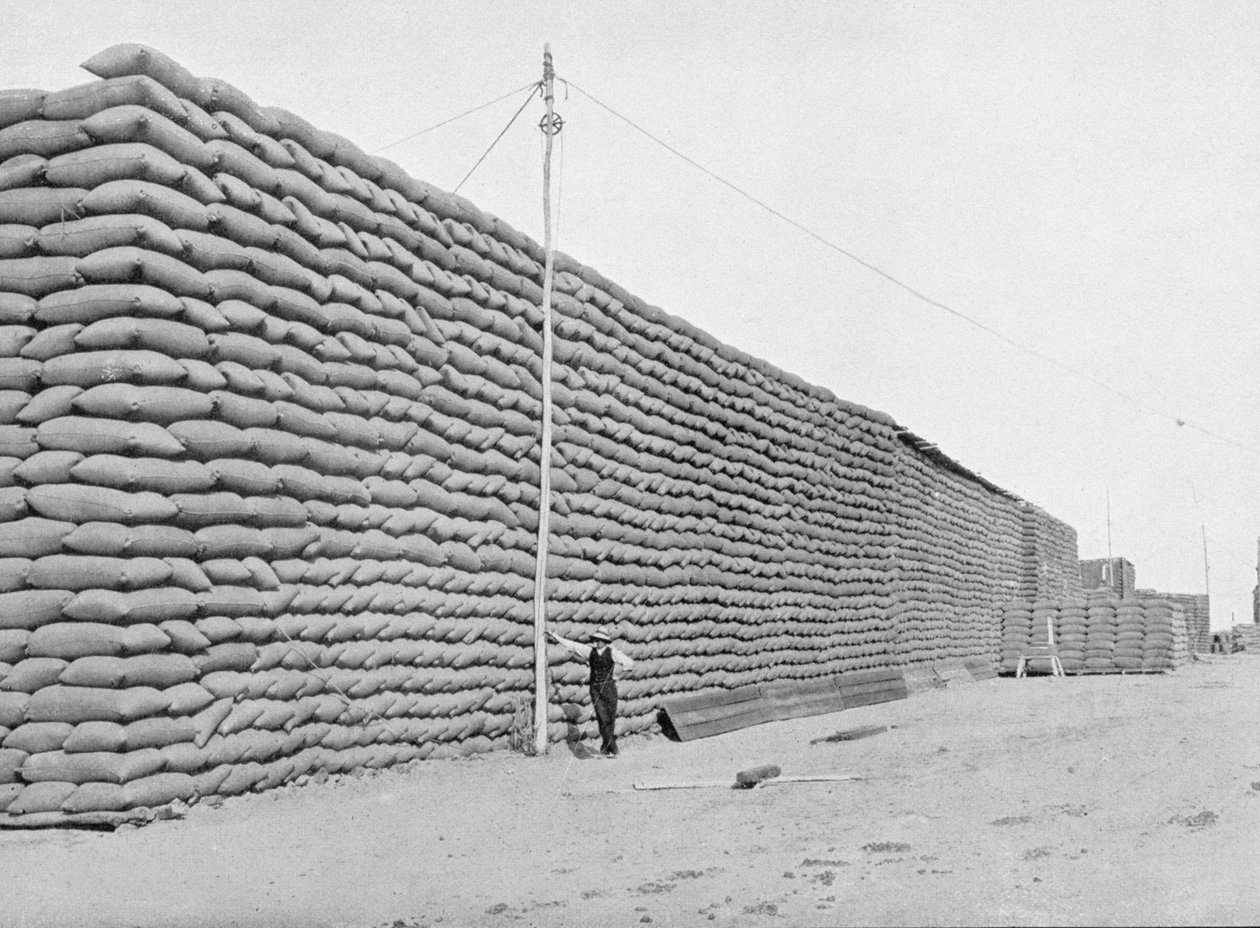 125.000 sacas de trigo aguardando embarque, Austrália do Sul, c.1900, de "Sob o Cruzeiro do Sul - Vislumbres da Austrália", publicado pelo Departamento de Relações Exteriores, Melbourne, 1908 (foto bw) de Australian Photographer