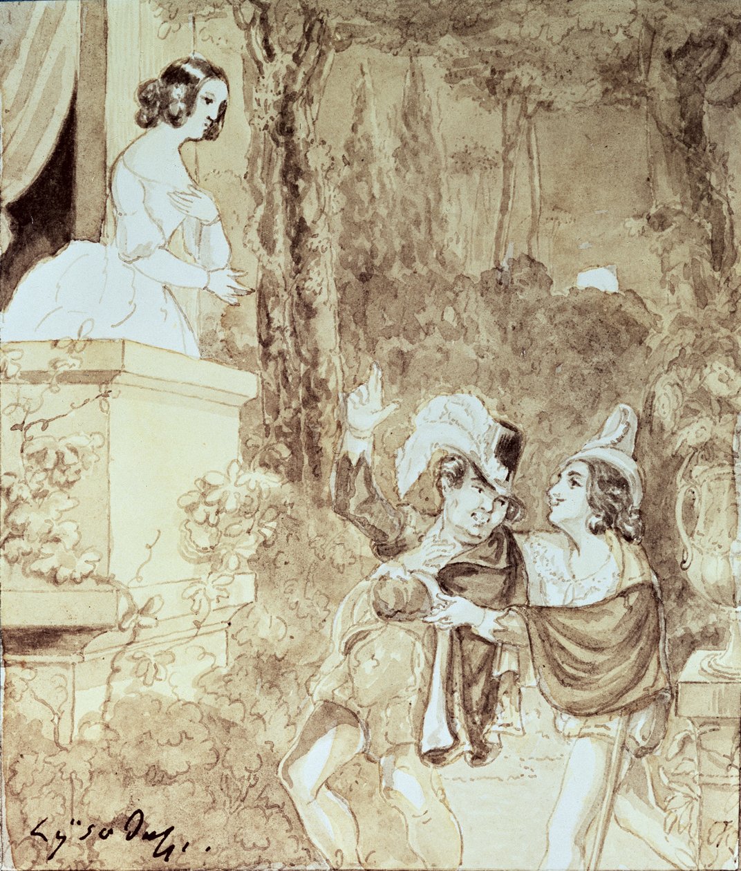 Leporello serenata Elvira sob o disfarce de Don Giovanni (Don Juan), que fica atrás dele, ato II cena I, de &39;Don Giovanni&39; por Wolfgang Amadeus Mozart (1756-91) (caneta e lavagem) de Austrian School