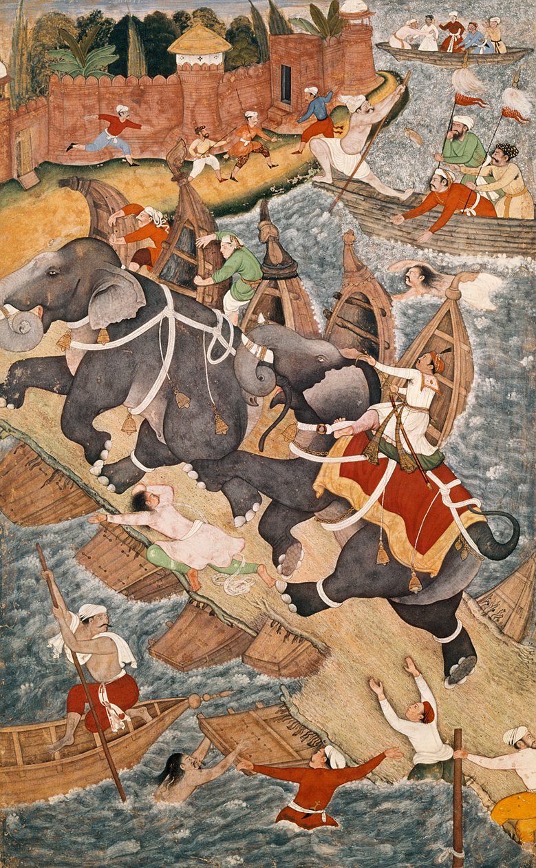 Akbar domina o elefante selvagem, Hawa&39;i, fora do forte vermelho em Agra, em miniatura do Akbarnama de Abul Fazl, c.1590 (lado esquerdo da miniatura de duas páginas, ver 4042) de Basawan
