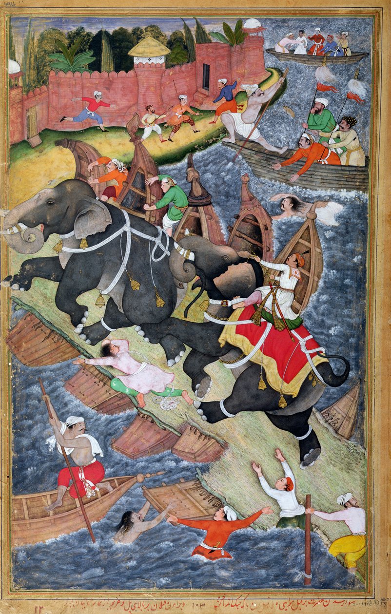 Akbar doma o elefante selvagem, Hawa&39;i, fora do Forte Vermelho em Agra, em miniatura do &39;Akbarnama&39; de Abul Fazl, c.1590 (lado esquerdo da miniatura de página dupla, ver 4042) (gouac de Basawan
