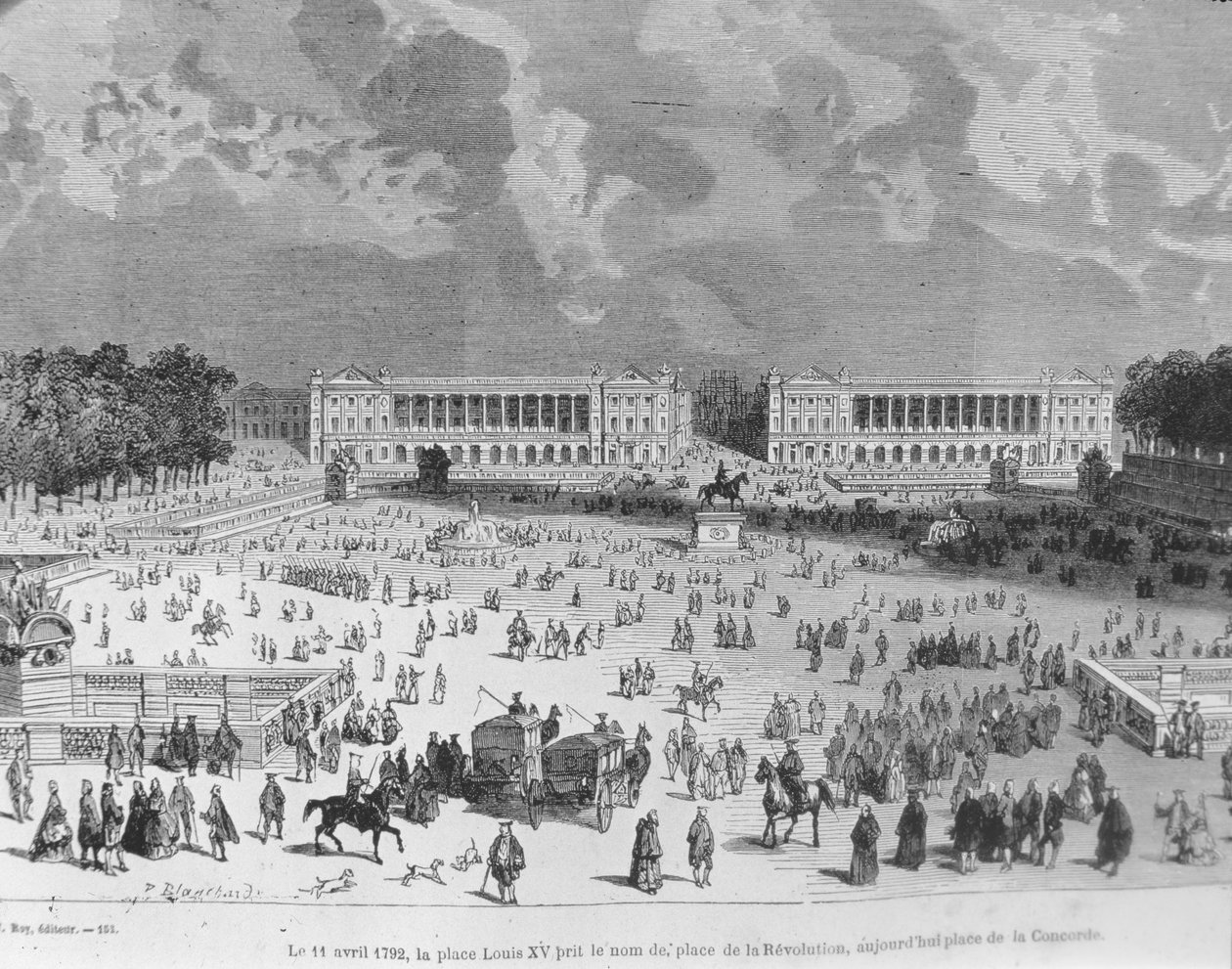 Em 11 de abril de 1792, a Place Louis XV foi renomeada Place de la Revolution e hoje é chamada Place de la Concorde, ilustração de "Paris através dos séculos". Volume 3. de H. Gourdon de Genouillac, 188 de Blanchard