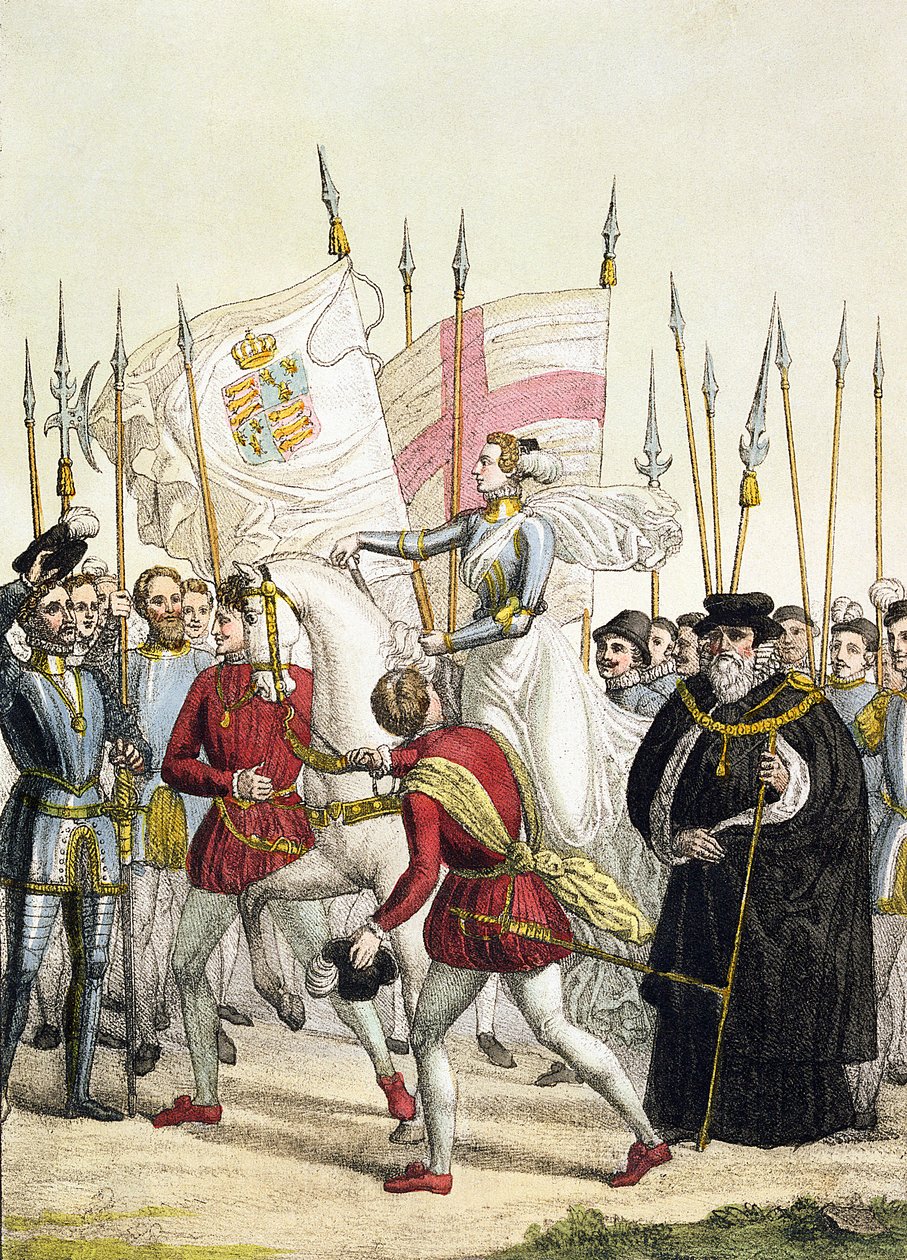 Rainha Elizabeth I (1530-1603) Reunindo as tropas em Tilbury antes da chegada da Armada Espanhola, 1588, placa 12 de &39;Le Costume Ancien et Moderne&39; por Jules Ferrario, publicado c.1820s-30s (colo de G. Bramati