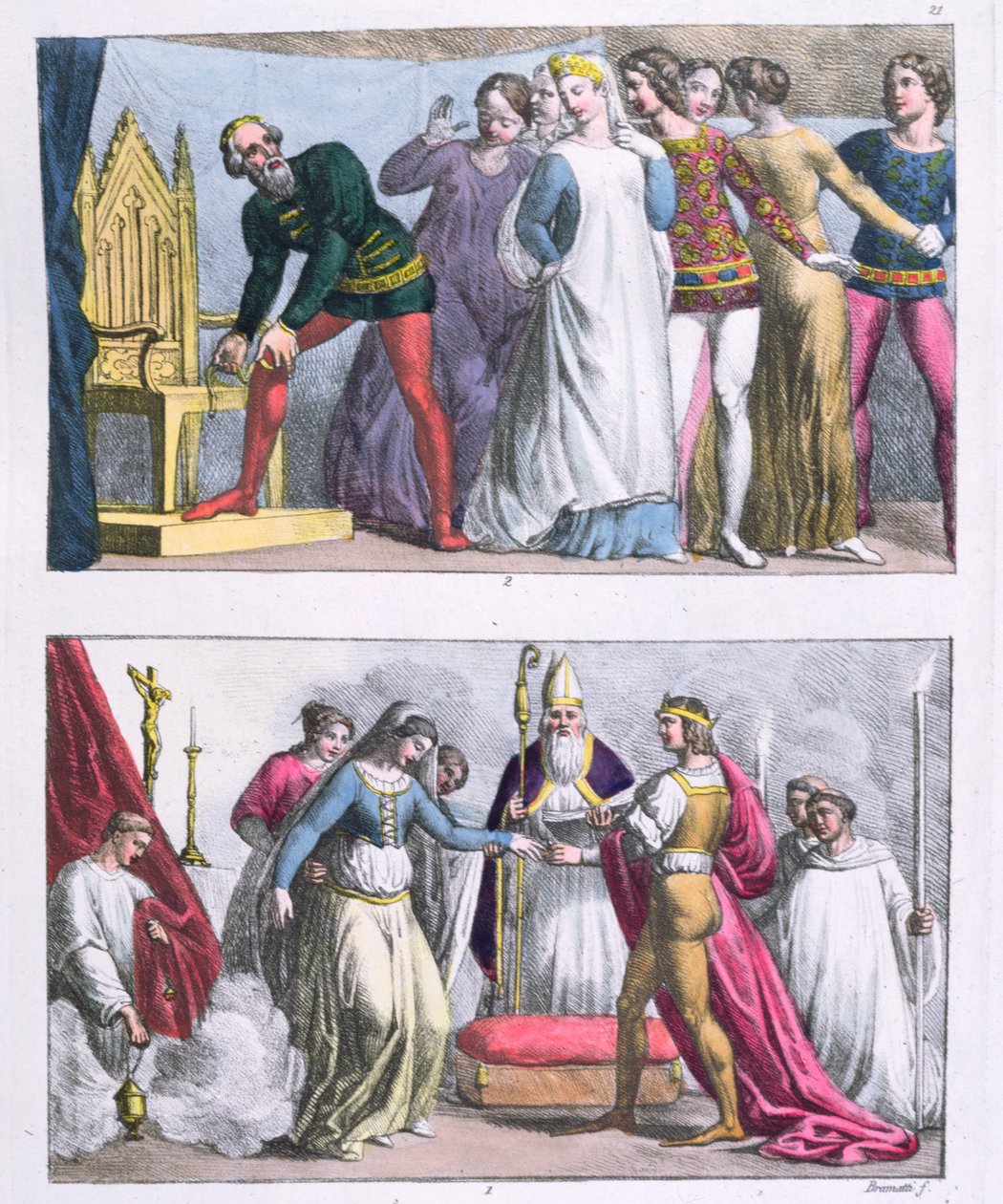 Instituição da Ordem da Jarreteira por Eduardo III (1312-1377) em 1348 e o casamento de Henrique I (1068-1135), de &39;Le Costume Ancien et Moderne&39; por Jules Ferrario, c.1820 (gravura a cores) de G. and Raineri Bramatti