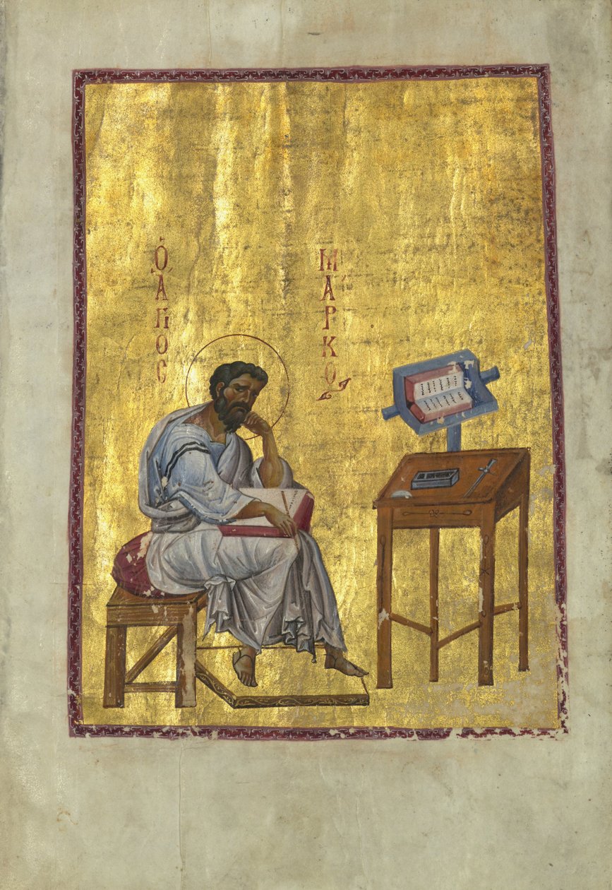Mark Evangelista sentado em seu estudo de Byzantine