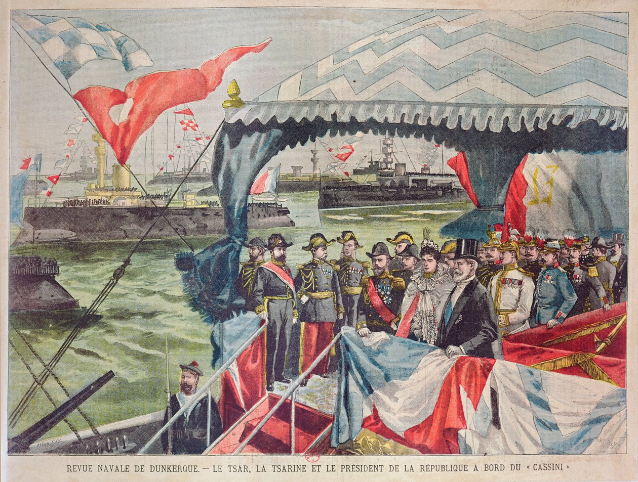 Naval Review em Dunquerque: Tsar Nicolas II com sua esposa, Tsarina Alexandra com o Presidente Loubet a bordo da torpedeira &39;Cassini&39;, ilustração de &39;Le Petit Parisien&39;, 22 de setembro de 1901 (colou de Carrey