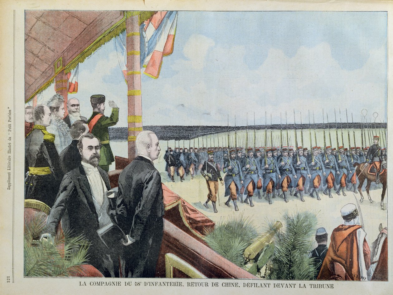 O Presidente Loubet e o Czar Nicolau II com sua esposa, Czarina Alexandra, revendo a 58ª Companhia de Infantaria em seu retorno da China, ilustração de &39;Le Petit Parisien ;, 29 de setembro de 1901 (colo de Carrey
