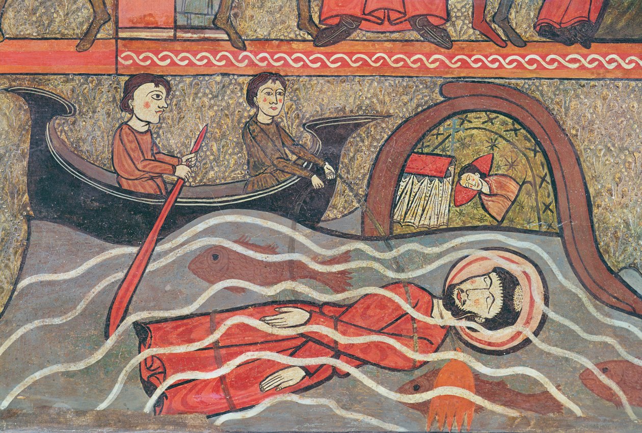 Martírio de São Clemente, detalhe de um altar frontal com cenas da vida de São Clemente, da Igreja de Sant Climent de Taull, Vall de Boi, Alta Ribagorça, 2ª metade do século XIII (tempe de Catalan School