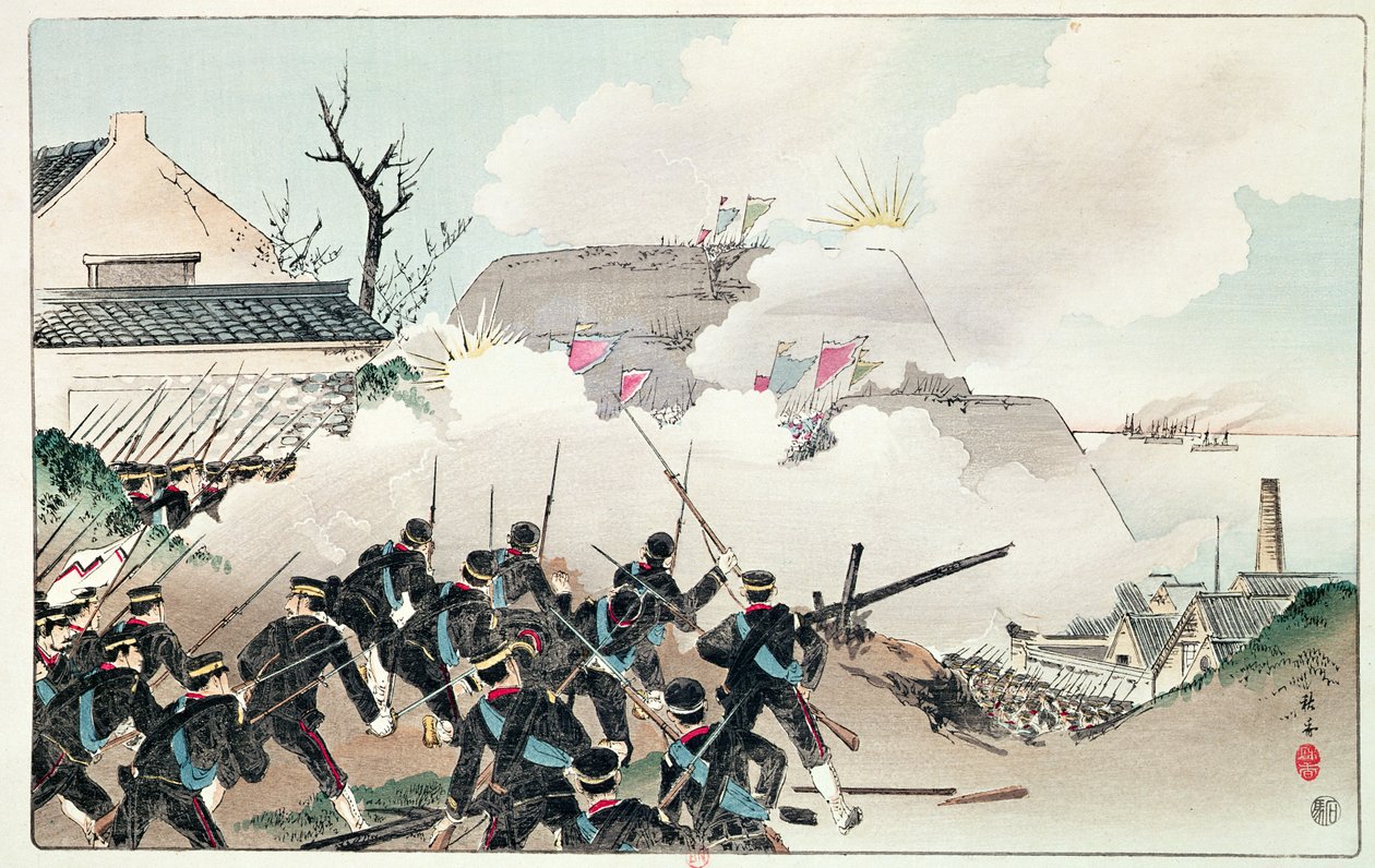 A Batalha de Port Arthur, c.1894 (gravura colorida) de Chinese School