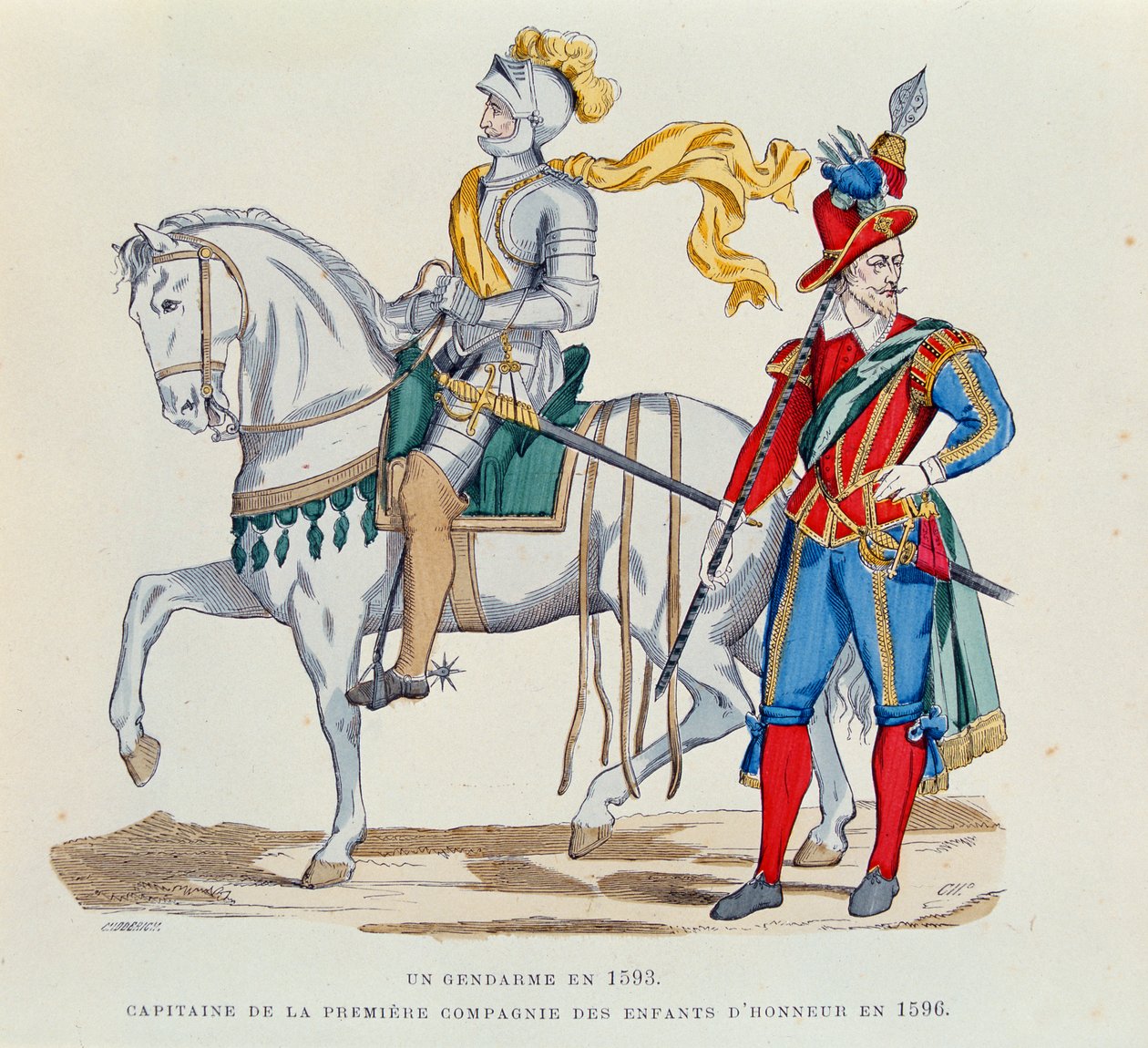 Um gendarme em 1593 e um capitão da Primeira Companhia dos "Filhos de Honra" em 1596, ilustração de "Trajes civis e militares franceses através dos séculos" por Augustin Challamel, 1881 ( de Choderich