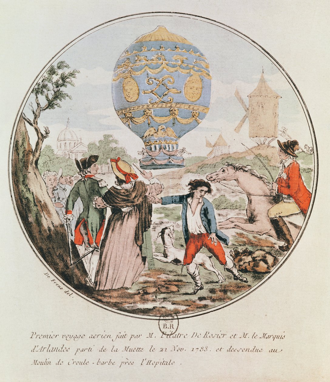 A Primeira Viagem Aérea do Sr. François Pilatre de Rozier (1754-85) e o Marquês de Arlandes (1742-1809) de Muette ao Moinho de Vento em Croule-Barbe, 21 de novembro de 1783 de De Frene