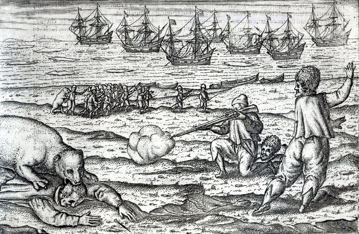 Marinheiros atacados por ursos polares, ilustração Diarium Nauticum, ou verdadeiro descrição de três viagens admiráveis ... &39;por Gerrit de Veer, 1598 (gravura) de Dutch School