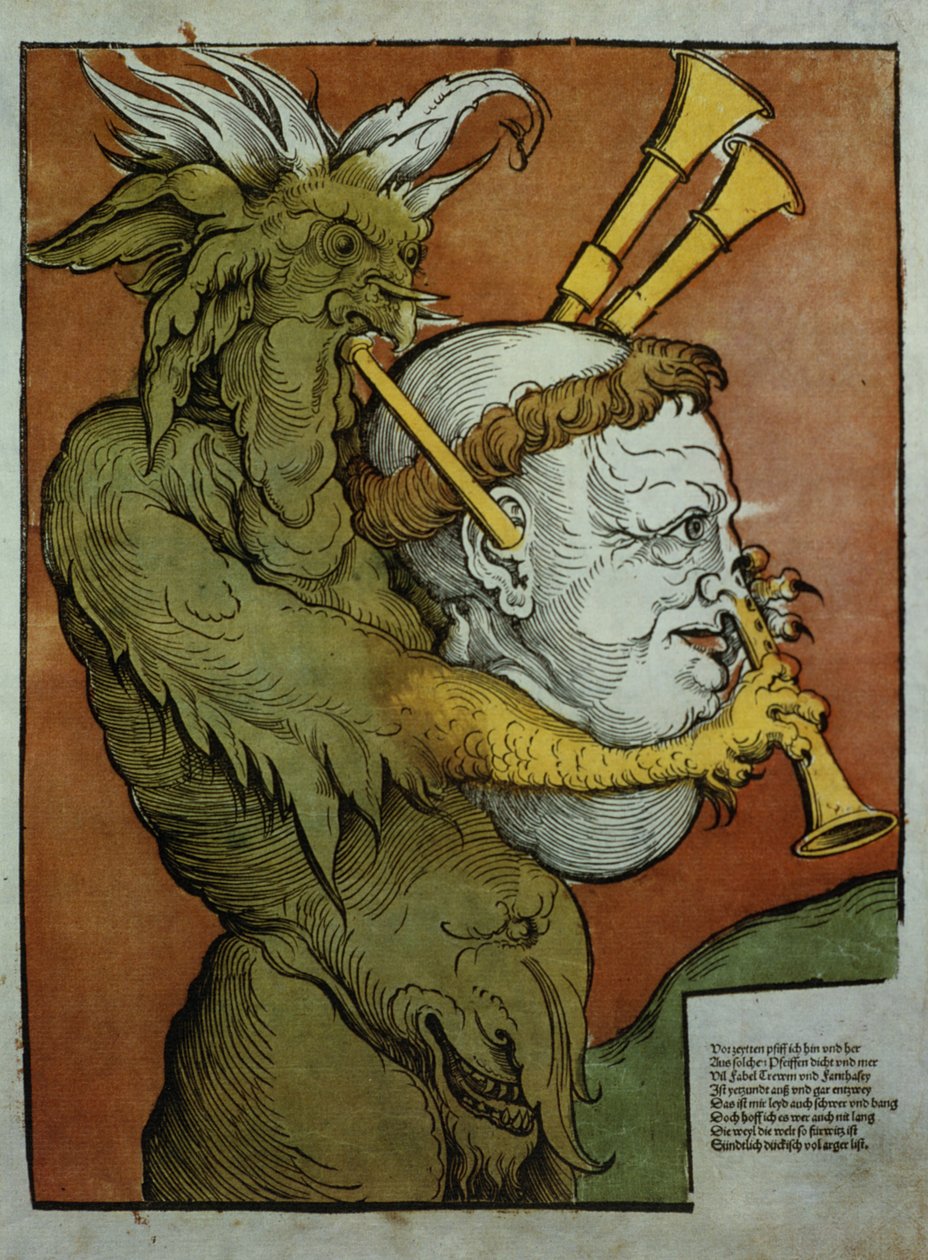 Esta imagem foi usada como um broadside pelos reformadores contra a Igreja Católica Romana. O canto inferior direito é o lugar onde eles colocariam mensagens de discordância antes de postá-los ao redor do reboque de Eduard Schoen