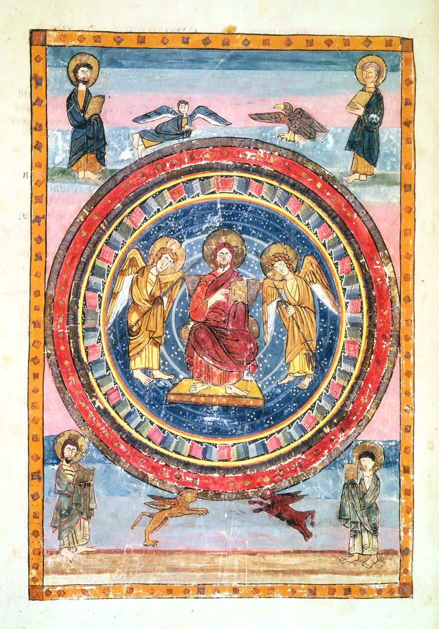 Codex Amiatinus Ms 1 f.796v Cristo em majestade com anjos e os quatro evangelistas, executado em Jarrow, Wearmouth, início do século 8 de English School