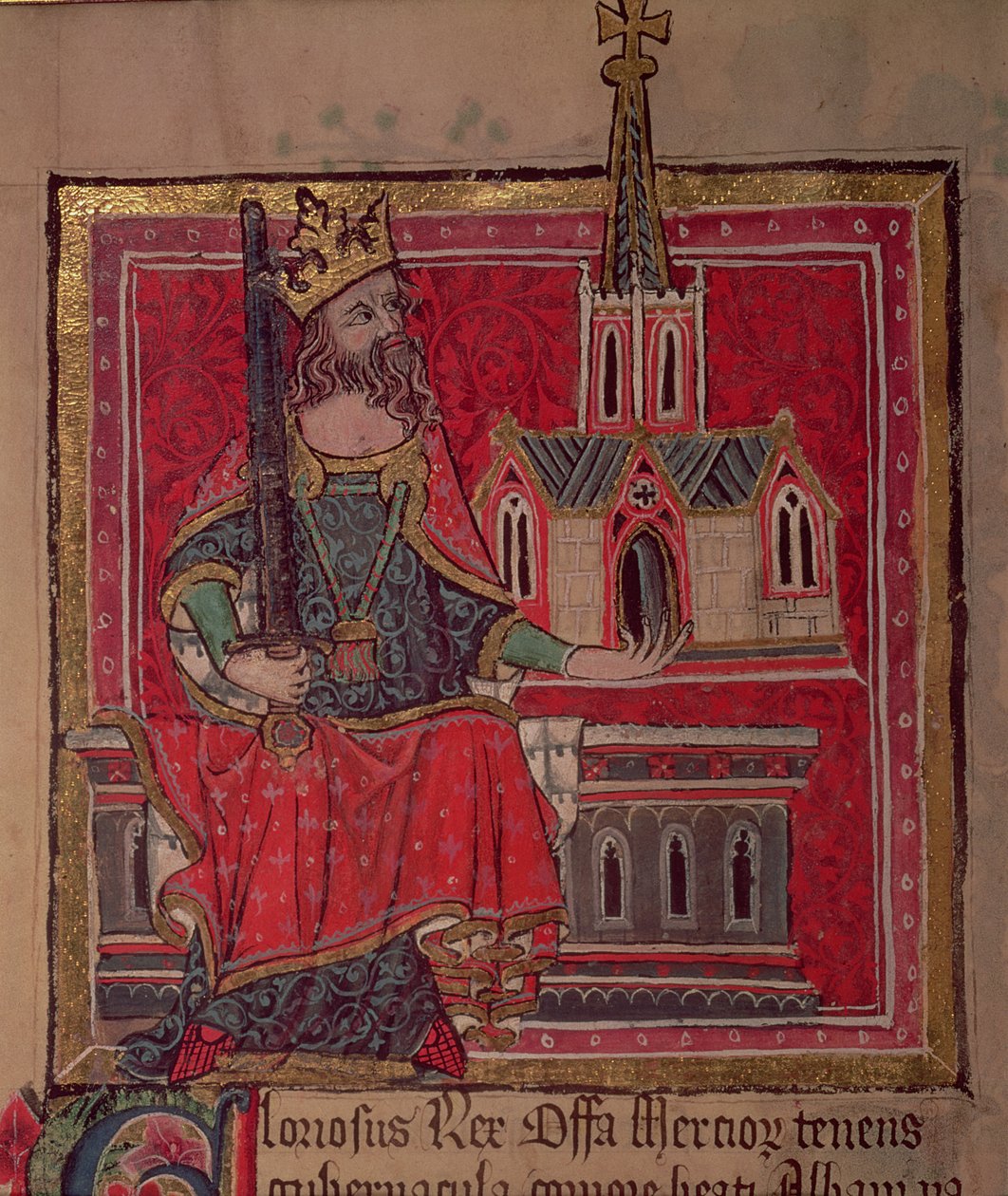 Cott Nero D VIII Offa, Rei da Mércia, do Livro dos Benfeitores da Abadia de St. Albans, c.1380 de English School