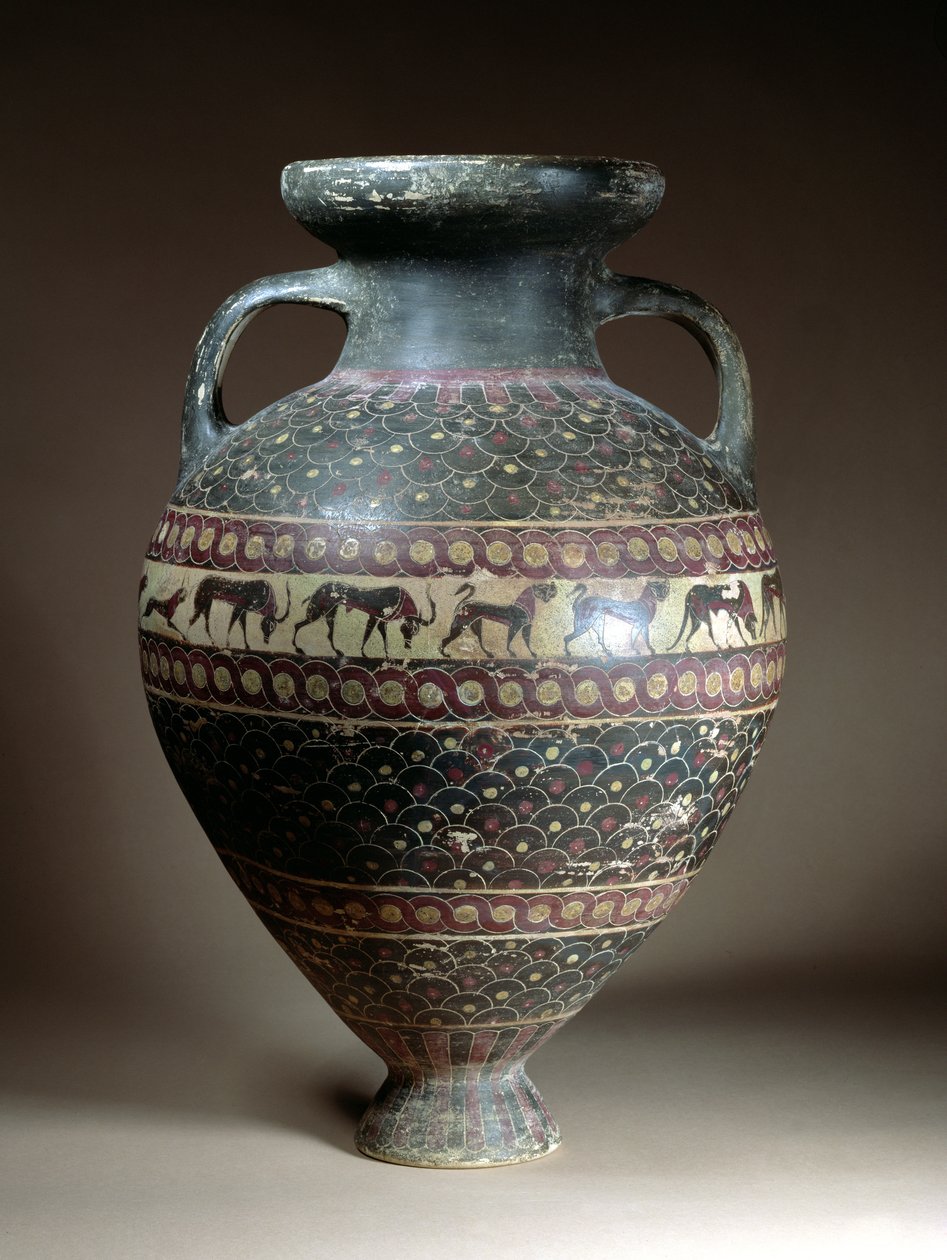 Ânfora de armazenamento com corpo piriforme decorado com um friso de animais, bordas guilloche e registros de padrão de escala pontilhada, Etrusco-Coríntios, final do século VII aC (cerâmica) de Etruscan