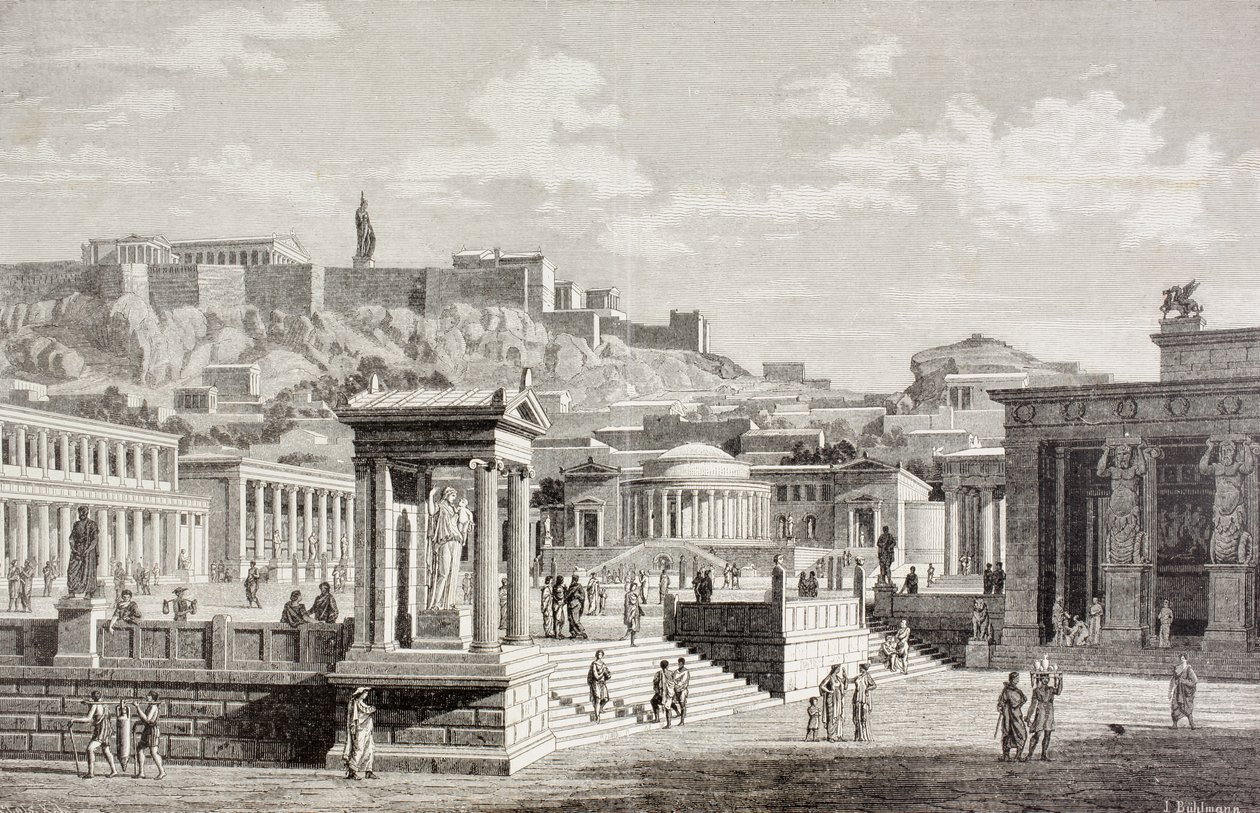 Vista imaginária do lugar de mercado da Ágora em Atenas, Grécia antiga, de &39;El Mundo Ilustrado&39;, publicado Barcelona, 1880 (litho) de European School