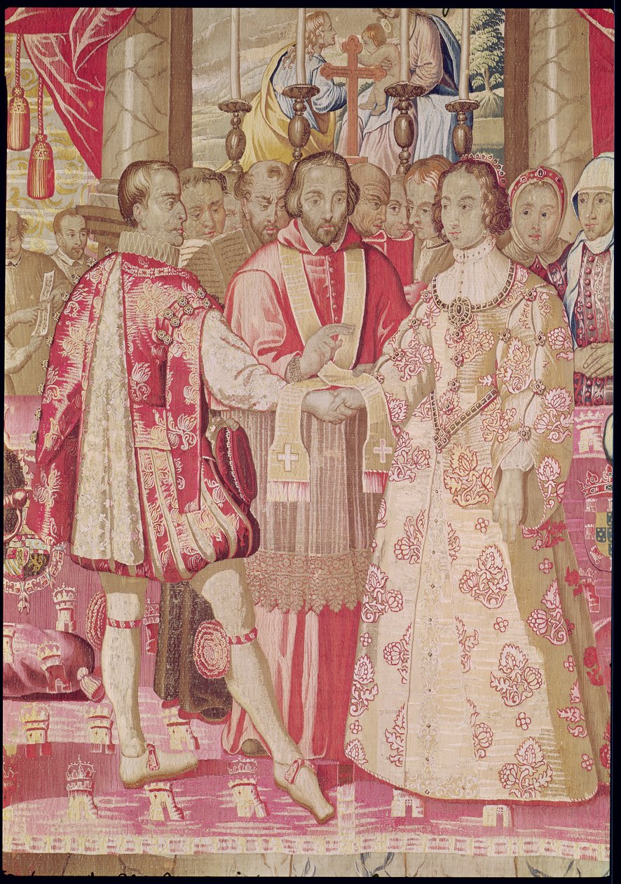 A tapeçaria de Carlos V representando o casamento de Carlos V (1500-58) para Isabella de Portugal (1503-39) em 1526, detalhe do cardeal abençoando o casal, Bruges, c.1630-40 (detalhe de 78692) de Flemish School