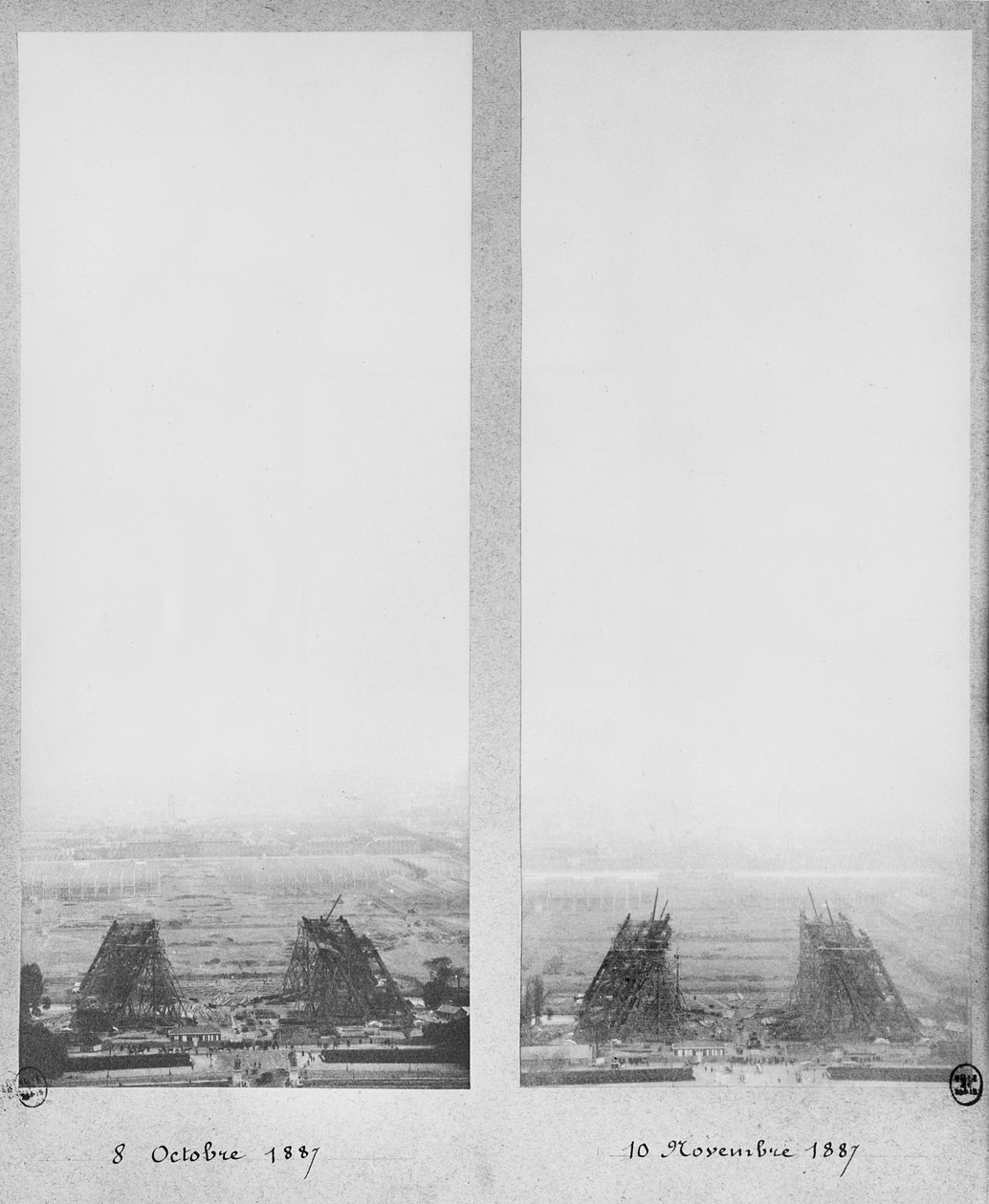 Duas vistas da construção da Torre Eiffel, Paris, 8 de outubro e 10 de novembro de 1887 de French Photographer