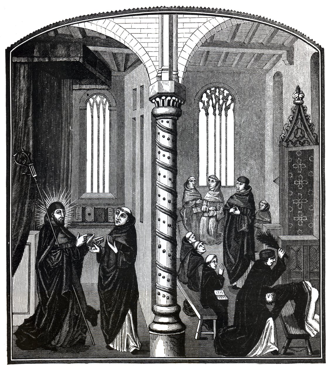 Uma bétula em uma escola de monges mendicantes, de Ms.2252, ilustração de &39;Ciência e literatura na idade média e a renascença&39;, escrita e gravada por Paul Lacroix, 1878 (b de French School