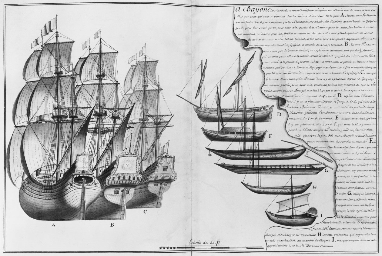 Uma loja holandesa, barcos conhecidos como pináculos e vários barcos pequenos, Bayonne, ilustração de &39;Desenhos de diferentes formas de navios ... deouis Nantes a Bayonne ...&39;, 1679 (lápis e wc de French School