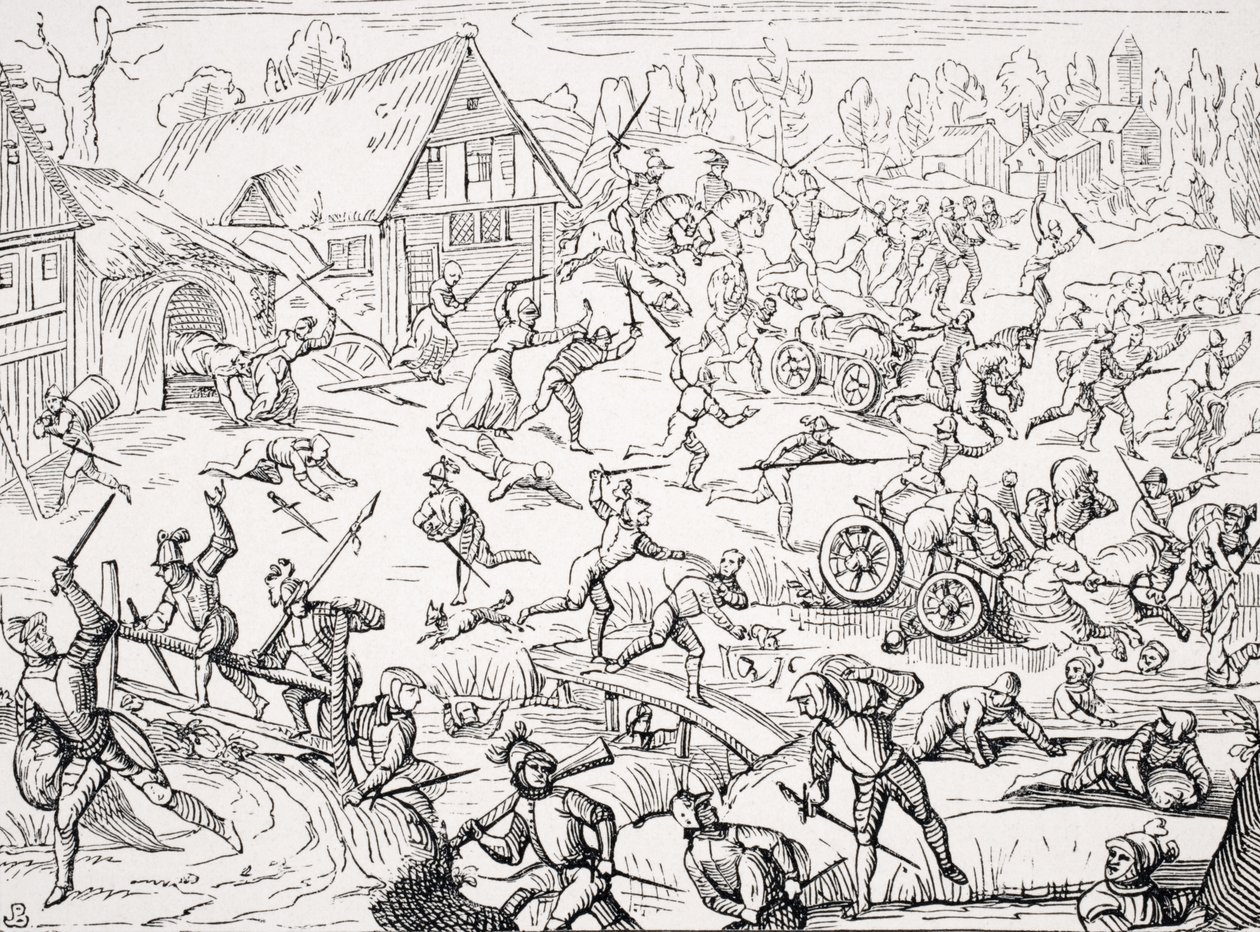 A Village Pillaged by Soldiers, cópia de uma xilogravura de "Oldenburgisches Chronicon" de Hamelmann, publicada em 1599, de "Le Moyen Age et La Renaissance", de Paul Lacroix (1806-84), publicada em 1847 de French School