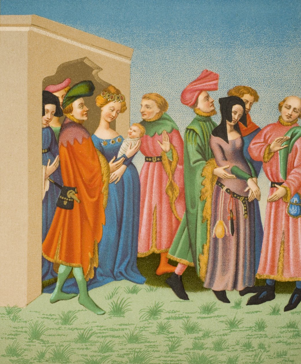 O séquito de uma jovem mãe, depois de uma miniatura em um Terence do latim, propriedade do rei Carlos VI (1368-1422), de "Le Moyen Age et La Renaissance", de Paul Lacroix (1806-84), publicado em 1847 de French School