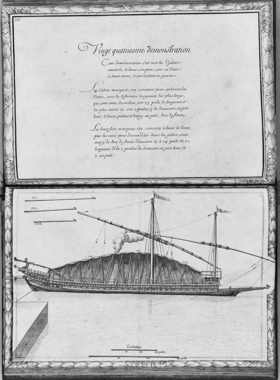 Uma galera sendo amarrada, vigésimo quarto demonstração, placa 25, ilustração de &39;demonstrações de todos os pedaços de madeira, cravo e ferro que entram na construção de uma galera ...&39; (penc de French School