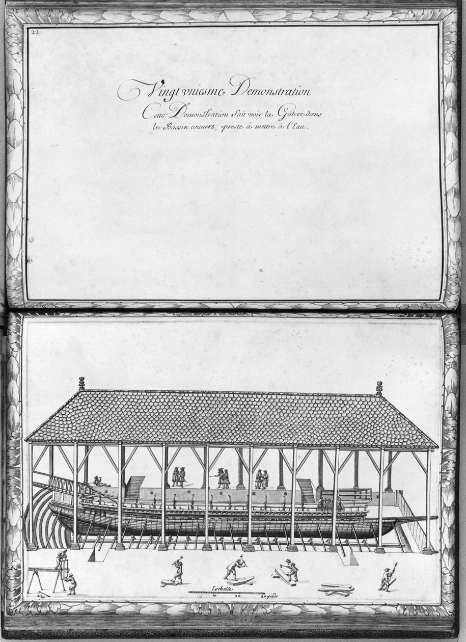 Uma galera se preparando para o lançamento, Vigésima primeira demonstração, placa 22, ilustração de &39;demonstrações de todos os pedaços de madeira, cravo e ferremens que entram na construção de uma cozinha de French School