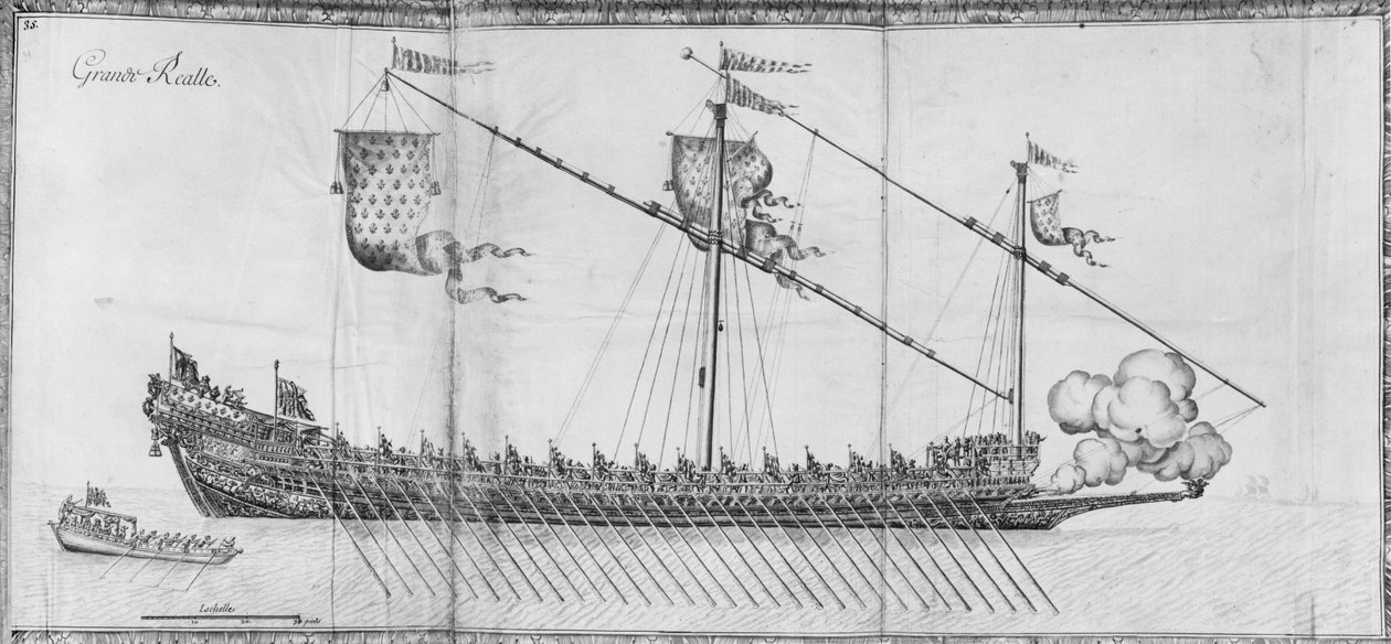 Uma galera, placa 35, ilustração de &39;Demonstrações de todos os pedaços de madeira, cravo e ferremens que entram na construção de uma galera ...&39; (lápis e wc no papel) de French School