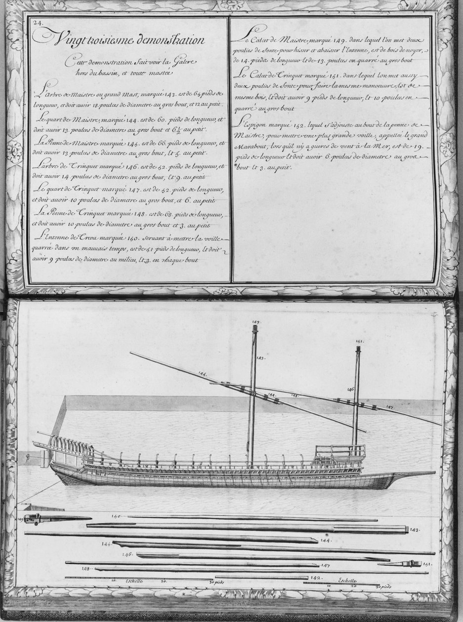 Uma galera com todos os seus mastros, fora da doca, vigésima terceira demonstração, placa 24, ilustração de &39;Demonstrações de todos os pedaços de madeira, pregos e ferro que entram na construção de French School