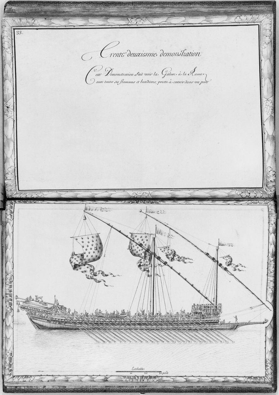 Uma galera com remos e bandeiras, trigésimo segundo demonstração, placa 33, ilustração de &39;demonstrações de todos os pedaços de madeira, cravo e ferremens que entram na construção de uma cozinha ... de French School