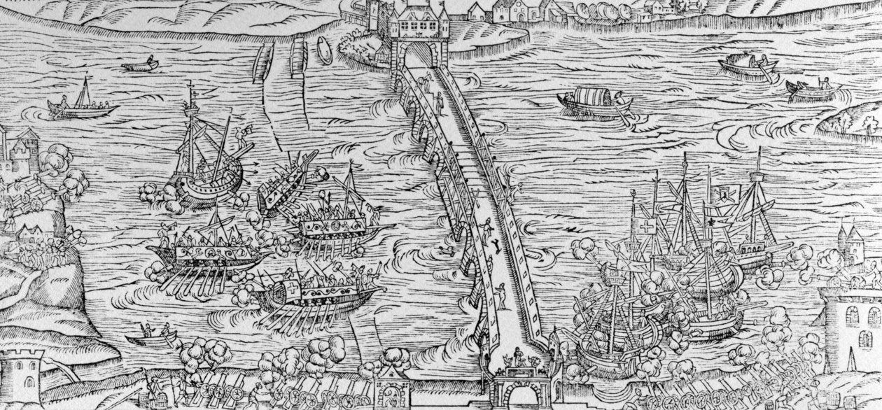 Uma reconstrução de uma batalha naval realizada no rio Sena em frente a Henri IV em 1596, ilustração do "Discurso da entrada loyeuse e triunfante de Henry IIII feita em sua cidade de Rouën" de French School