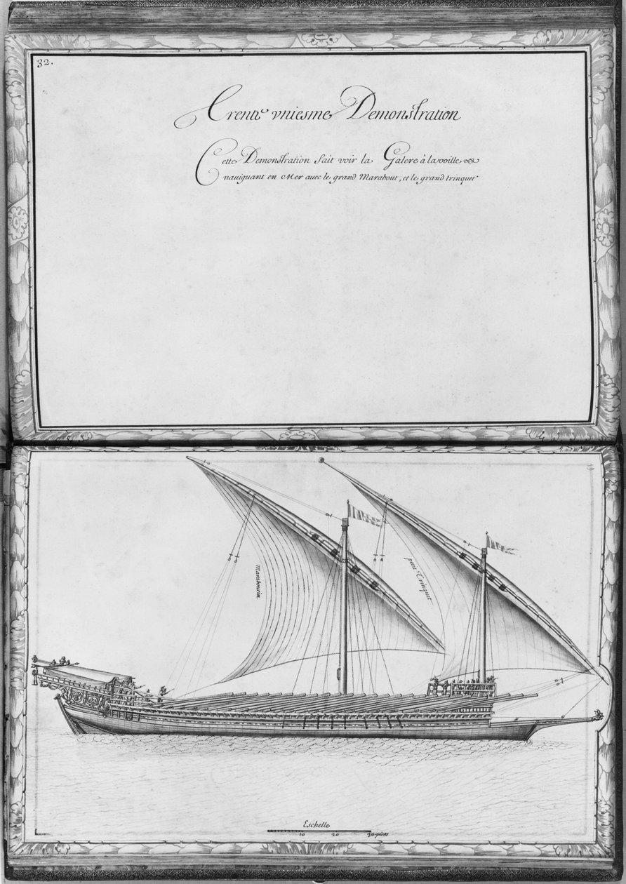 Uma galé navegável, trigésima primeira demonstração, placa 32, ilustração de &39;demonstrações de todos os pedaços de madeira, cravo e ferremens que entram na construção de uma galera ...&39; (lápis e de French School