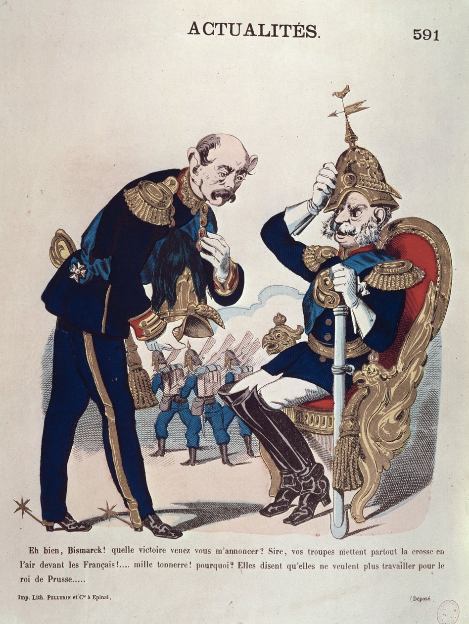 &39;Ah bom, Bismarck! Que vitória você veio me contar sobre ... &39;, caricatura do Kaiser Wilhelm (1797-1888) da Prússia e Otto von Bismarck (1815-98) o Chanceler da Prússia, c.1870 (cor lito de French School