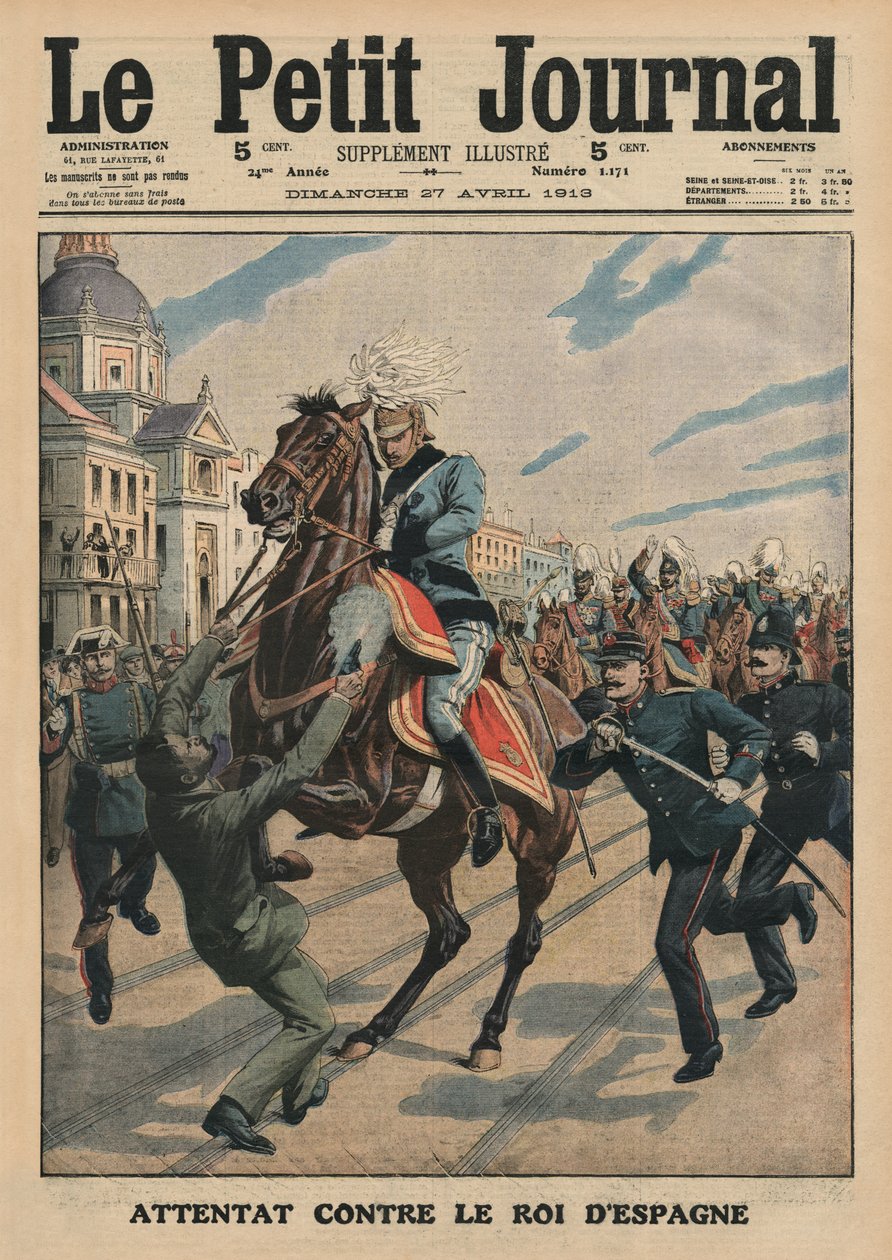 Tentativa de homicídio contra o rei Alfonso XIII de Espanha, ilustração da capa do &39;Le Petit Journal&39;, suplemento ilustrado, 27 de abril de 1913 de French School