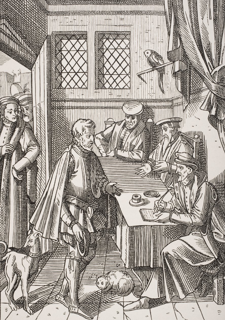 Bailliage ou Tribunal do Bailiff do Rei, fac-símile de uma gravura em madeira em &39;Praxis Rerum Civilium&39; por Josse Damhoudere (1507-81) de &39;Le Moyen Age et La Renaissance&39; por Paul Lacroix (1806-84) publ de French School