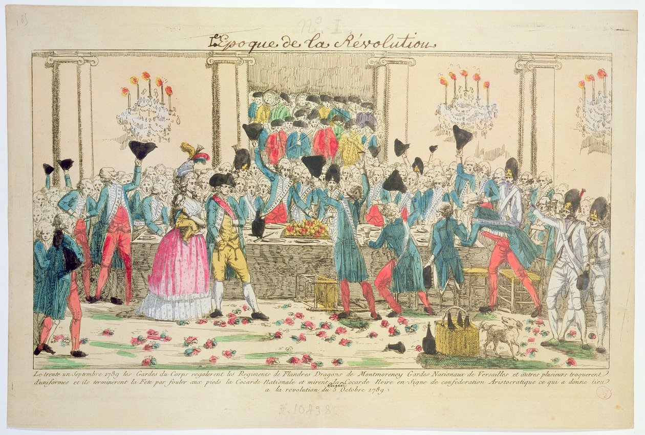 Banquete dado em 1 de outubro de 1789 na Ópera de Versalhes pelos guarda-costas do rei para saudar a chegada do Regimento de Flandres para ajudar no apoio e proteção da família real francesa ( de French School