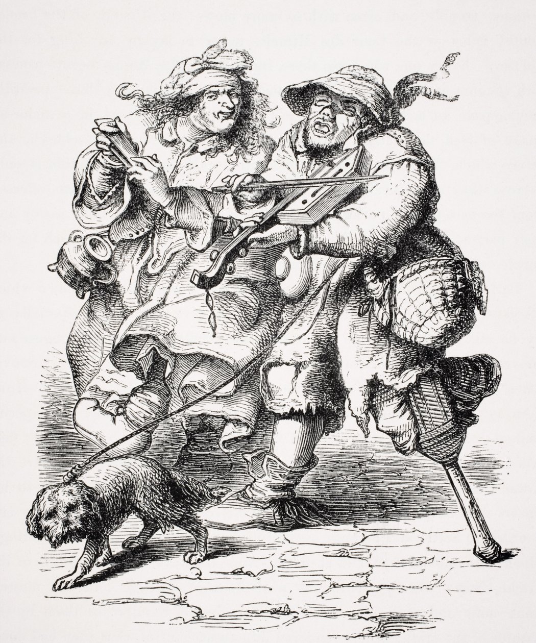 Mendigo Jogando o violino, sua esposa acompanhando-o com ossos, depois de uma gravura do século XVII, de &39;Le Moyen idade et La Renaissance&39; por Paul Lacroix (1806-84) publicado em 1847 de French School