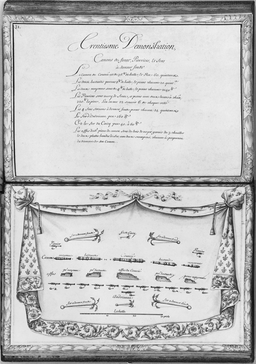 Canhões e âncoras de uma galera, trigésimo demonstração, placa 31, ilustração de &39;demonstrações de todos os pedaços de madeira, cravo e ferro que vão para a construção de uma galera ...&39; de French School