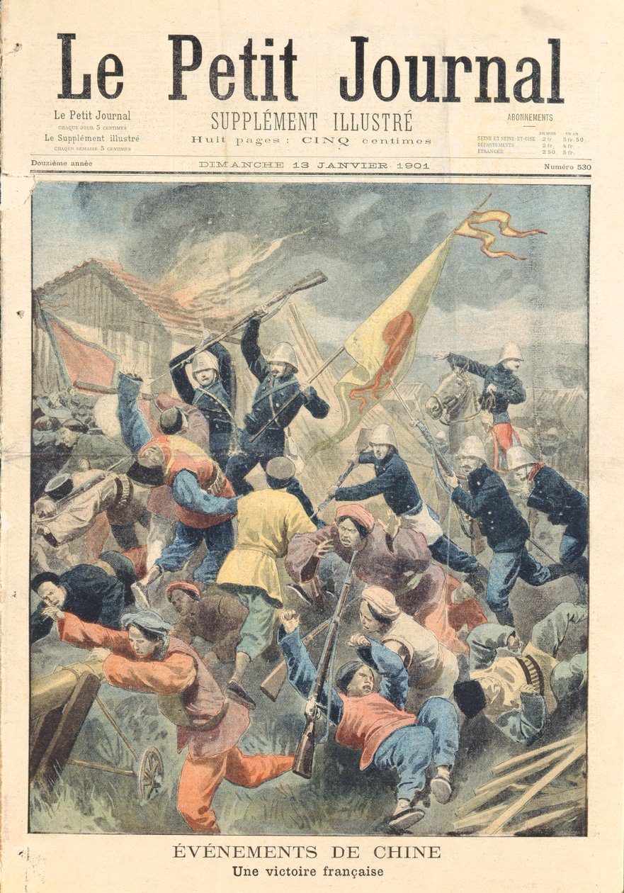 Captura de Pao-Ting-Fu, província de Tcheli, por tropas francesas, alemãs e italianas sob o comando do General Bailloud durante a Rebelião da Rebelião de Boxer de 1900-01, ilustração da capa de &39;Le Petit J de French School
