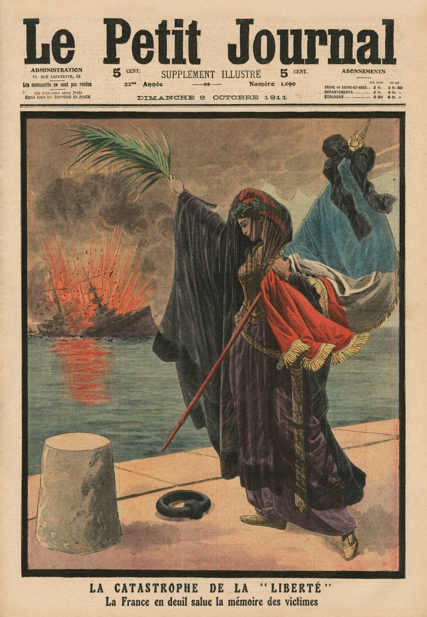 Catástrofe do navio de guerra pré-dreadnought &39;Liberte&39;, França em luto pelas vítimas, ilustração da capa do &39;Le Petit Journal&39;, suplemento ilustre, 8 de outubro de 1911 de French School