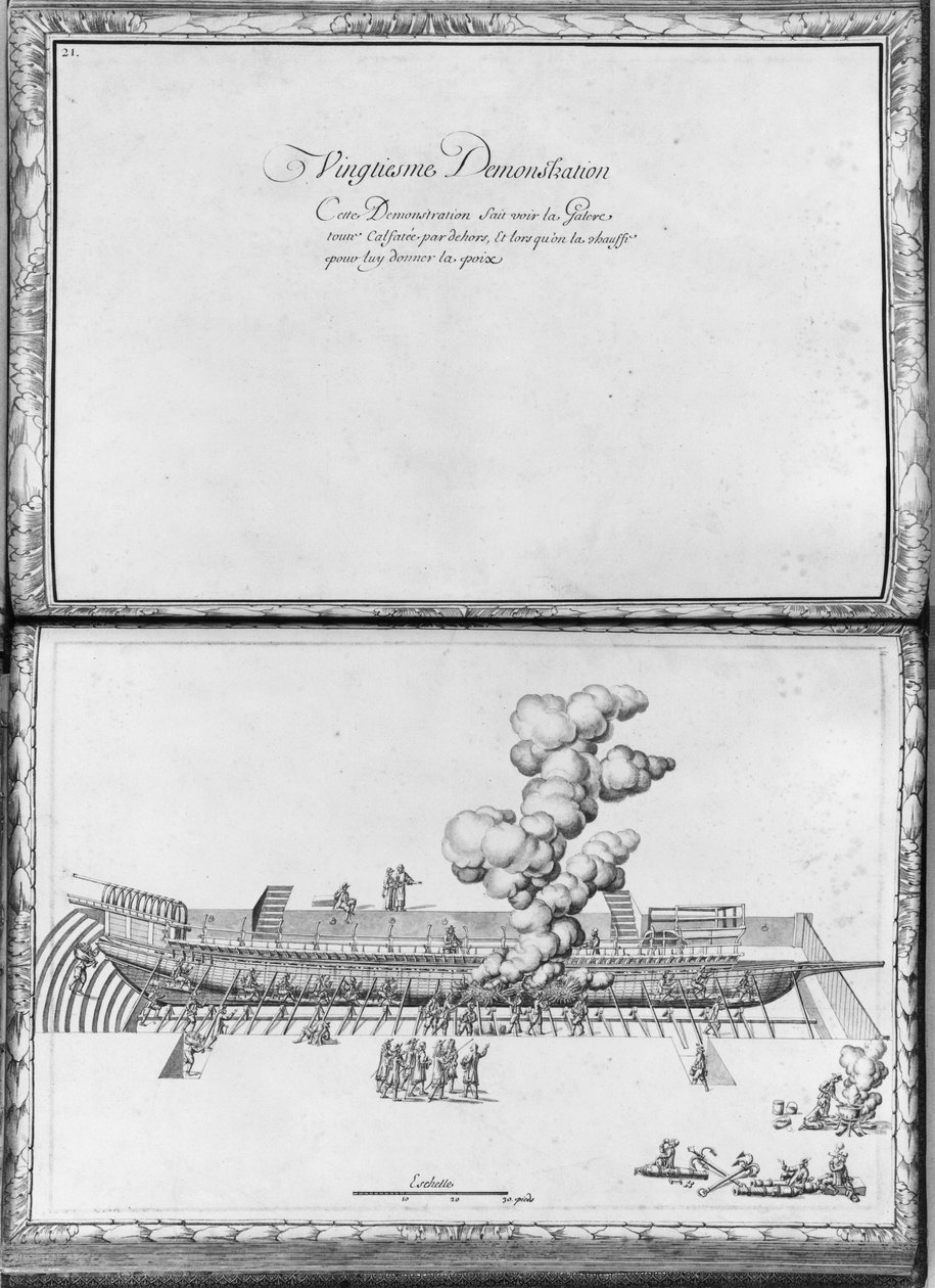 Calafetagem de uma galera, vigésima demonstração, placa 21, ilustração de &39;Demonstrações de todos os pedaços de madeira, cravo e ferremens que entram na construção de uma galera ...&39; (lápis e wc de French School