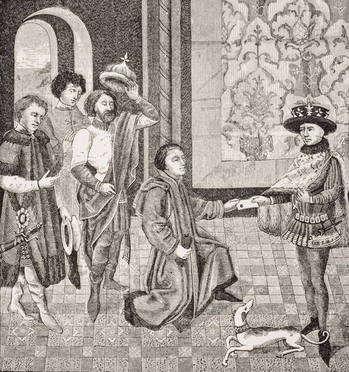 Charles, Filho Mais Velho de Pepino Recebeu Notícias da Morte de Seu Pai, fac-símile de uma miniatura de &39;História dos Imperadores&39;, de &39;Le Moyen Age et La Renaissance&39; de Paul Lacroix (1806-84) publishe de French School