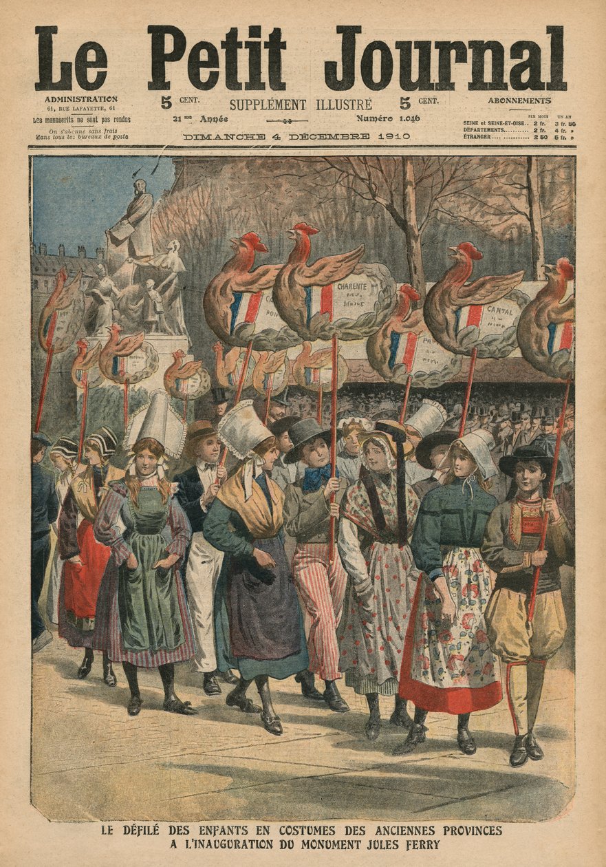 Crianças vestidas em trajes das províncias desfilando na inauguração do monumento Jules Ferry, Paris, ilustração de &39;Le Petit Journal&39;, suplemento illustre, 4 de dezembro de 1910 (cor lith de French School