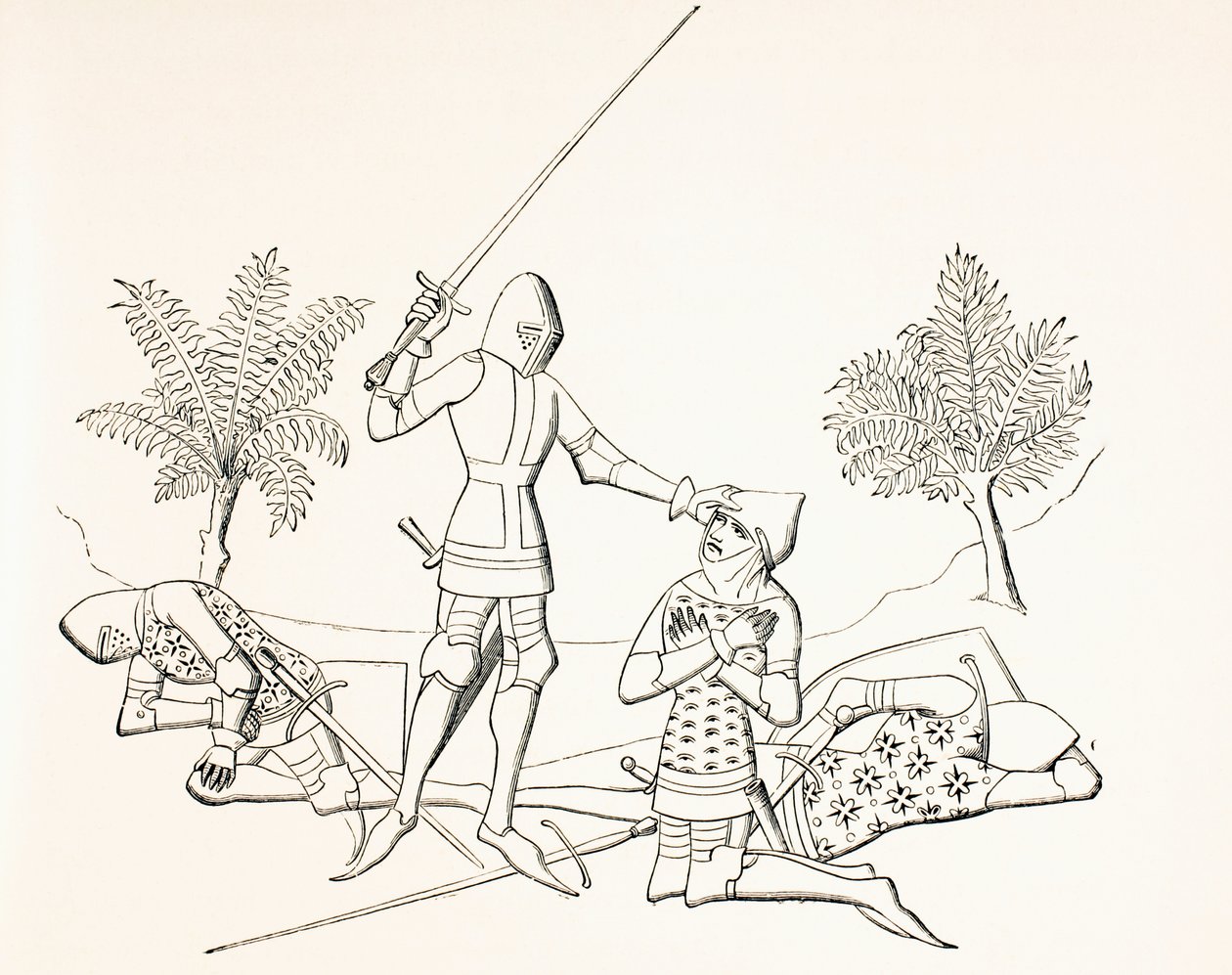 Conferindo cavalheirismo no campo de batalha após o destinatário ter matado dois dos inimigos, de "Vida Militar e Religiosa na Idade Média" por Paul Lacroix, publicado em Londres c.1880 de French School